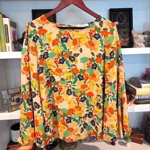 Rose +Olive Vibrant Floral Blouse - Orange, Green, Blue, Size Large